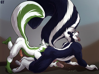 all_fours anal anthro athletic big_tail black_body black_fur bodily_fluids butt duo eyes_closed fur genital_fluids genitals green_body green_fur handjob handjob_while_rimming leaking_precum male male/male oral pawpads paws penile penile_spines penis precum raised_tail reach_around rimming sex skunk_tail tail tongue tongue_out white_body white_fur gtskunkrat jake_trilkin mammal mephitid skunk