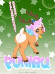 after_transformation antlers bell brown_body brown_fur butt butt_heart clothing countershading female female_feral feral feralized fetlocks fur goo_hair green_background green_eyes hair hat headgear headwear high-angle_view holidays hooves horn kemono looking_at_viewer looking_back looking_back_at_viewer open_mouth open_smile pink_hair pseudo_hair rear_view red_nose simple_background small_hat smile solo star text white_body white_fur unknown_artist christmas puniru_is_a_cute_slime puniru rudolph_the_red-nosed_reindeer deer goo_creature mammal new_world_deer reindeer slime_(blob) 3:4 english_text hi_res japanese_text official_art translation_request