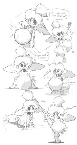 belly big_belly big_ears breasts digestion digestion_noises female female_pred looking_at_viewer solo talking_to_viewer text vore badartist goblin absurd_res english_text hi_res monochrome