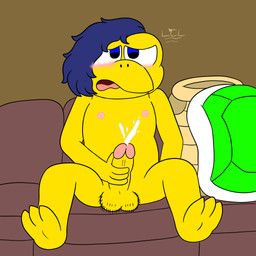 anthro aroused balls blue_eyes blue_hair blush bodily_fluids body_hair cum cumshot ejaculation furniture genital_fluids genitals hair hairy_balls male masturbation nipples nude penis pink_nipples shell sitting sofa solo yellow_body lapiscrowlime mario_bros nintendo koopaling koopa koopa_troopa reptile scalie tortoise turtle 1:1 hi_res