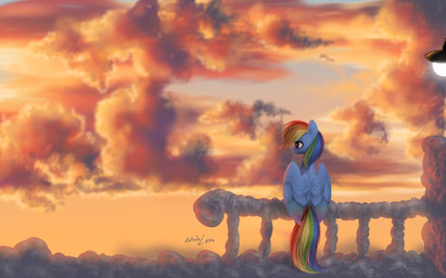 blue_body blue_feathers blue_fur cloud feathered_wings feathers female feral fur hair light looking_away multicolored_hair multicolored_tail nude on_cloud outside perching purple_eyes railing rainbow_hair rainbow_tail rear_view sky skyscape solo sunset tail wings katputze friendship_is_magic hasbro my_little_pony mythology rainbow_dash_(mlp) equid equine mammal mythological_creature mythological_equine pegasus digital_media_(artwork) half-length_portrait hi_res portrait