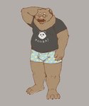 anthro belly blush brown_body brown_fur clothing eyewear fur glasses male shirt simple_background slightly_chubby solo topwear underwear professor_fluff bear mammal 2020 5:6 hi_res