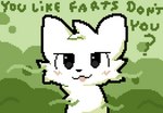 :3 black_eyes blush blush_lines dialogue fart fart_cloud fur narrowed_eyes shitpost solo talking_to_viewer text white_body white_fur grossdice boy_kisser_(meme) silly_cat_(mauzymice) cel_shading digital_drawing_(artwork) digital_media_(artwork) english_text meme pixel_(artwork) shaded