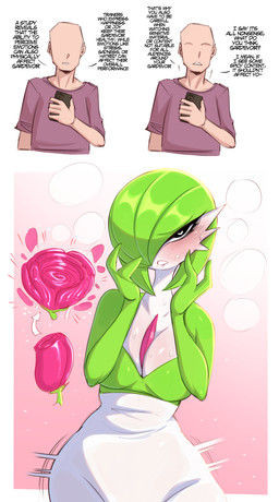 2_fingers 5_fingers aroused bite biting_lip blush bodily_fluids breasts cellphone chest_spike dialogue duo electronics female female_humanoid fingers flower green_body green_hair hair hair_over_eye heart_eyes heart_symbol hip_sway holding_cellphone holding_object holding_phone holding_smartphone male male_human motion_lines not_furry phone plant smartphone spikes spikes_(anatomy) sweat text wide_hips saltyxodium nintendo pokemon gardevoir generation_3_pokemon human humanoid mammal pokemon_(species) 2026 absurd_res english_text hi_res