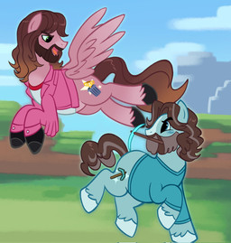 alternate_species alternate_universe beard black_hooves blue_body blue_eyes blue_hooves blurred_background blush bottomless brown_mane brown_tail clothed clothing cutie_mark duo eyebrows facial_hair feathered_wings feathers feral feralized floating flying green_eyes holding_object hooves looking_at_another male mane mustache narrowed_eyes object_in_mouth open_mouth open_smile outside partially_clothed pickaxe pickaxe_(minecraft) pink_body ponification raised_leg smile standing tail topwear wings klauzoo a_minecraft_movie hasbro microsoft minecraft mojang my_little_pony mythology xbox_game_studios garrett_garrison steve_(a_minecraft_movie) earth_pony equid equine horse mammal mythological_creature mythological_equine pegasus pony hi_res