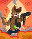 brown_body brown_eyes brown_fur claws clothed clothing ear_piercing ear_ring explosion explosives fur gun hair holding_object holding_weapon male piercing ranged_weapon ring_piercing smile solo submachine_gun technology tongue tusks uzi weapon techymight canid canine hybrid hyena mammal hi_res