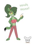 anthro blue_eyes female fur green_body green_fur green_hair hair ponytail solo yellow_sclera kendratheshinyeevee fan_character wendy_weasel_(kendraeevee) mammal mustelid musteline true_musteline weasel hi_res