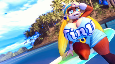 5_fingers anthro beach belt big_breasts blonde_hair blue_eyes bottomwear breasts brown_body brown_fur cleavage clothed clothing cloud colored_nails ear_piercing ear_ring female fingernails fingers fur hair half-closed_eyes hat headgear headwear hoop_ear_ring huge_breasts hyper hyper_breasts island long_hair looking_away nails narrowed_eyes open_mouth open_smile outside pants piercing plant ring_piercing sea seaside shirt smile solo surfboard teeth thick_thighs topwear tree water wide_hips brandi donkey_kong_(series) nintendo tiny_kong haplorhine kong mammal monkey primate 16:9 3d_(artwork) 4k absurd_res digital_media_(artwork) hi_res source_filmmaker_(artwork) widescreen