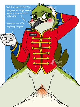 abdominal_bulge anthro blush bodily_fluids bottomless bottomless_female casual_exposure casual_sex clothed clothing conducting_baton conductor cowgirl_position female female_on_top formal_wear freckled_face freckled_legs freckled_thighs freckles from_front_position genital_fluids genitals gloves handwear male male/female marching_band_uniform name_tag on_bottom on_top penetration penile penile_penetration penis_in_vagina sex solo_focus uniform vaginal vaginal_fluids vaginal_penetration vulva fish_birb sarah_(fish_birb) apodiform avian bird hummingbird absurd_res hi_res