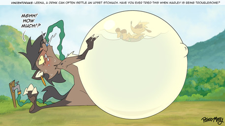after_vore anthro belly big_belly black_hair brown_body brown_fur duo female fur hair hose hose_inflation huge_belly inflation liquid_inflation male outside text vore potateymatey leena_(potateymatey) marley_(potateymatey) herpestid hyena mammal meerkat 2025 english_text hi_res
