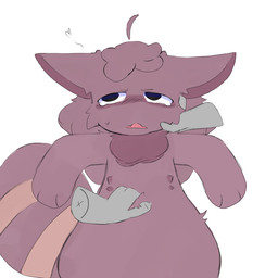 anthro belly_rub blush blush_lines bodily_fluids brown_body brown_fur chibi disembodied_hand duo embarrassed female fur head_scratch looking_away petting raised_tail simple_background sweat sweatdrop tail white_background spookicookiebox anon yoko_(spookicookiebox) mammal procyonid raccoon 1:1 colored