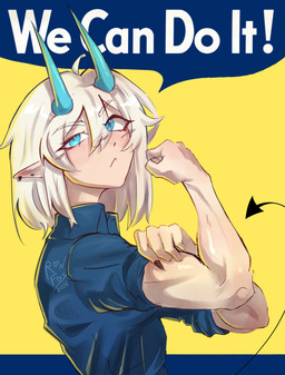 biceps blue_eyes female fist flexing flexing_bicep horn humanoid_pointy_ears light_body light_skin pointy_ears poster solo spade_tail tail text ronfos we_can_do_it! horned_humanoid humanoid absurd_res colored english_text hi_res