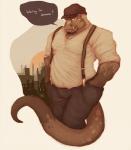 anthro beard biceps bottomwear city clothed clothing dialogue facial_hair fangs fully_clothed hand_in_pocket hands_in_both_pockets hat headgear headwear male muscular muscular_anthro muscular_male pants pockets pose shirt solo suspenders tail teeth text thick_tail topwear vetrowolf lizard reptile scalie english_text hi_res