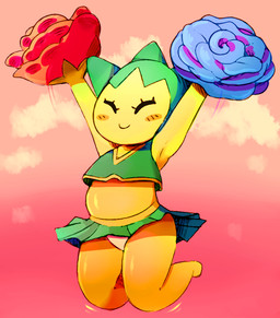 abstract_background ambiguous_gender ambiguous_humanoid barefoot bent_legs blue_rose blush blush_lines bottomwear cheerleader cheerleader_outfit closed_smile clothed clothed_ambiguous clothed_humanoid clothing crop_top eyelashes eyes_closed featureless_feet feet flower flower_(anatomy) green_body green_bottomwear green_clothing green_crop_top green_shirt green_skirt green_topwear jumping midair midriff mouth_closed multicolored_body noseless panties plant pseudo_hair red_rose rose_(flower) shirt skirt smile solo three-quarter_view topwear underwear white_clothing white_panties white_underwear yellow_body 4chan_anon unknown_artist nintendo pokemon elemental_creature elemental_humanoid flora_fauna generation_3_pokemon humanoid plant_humanoid pokemon_(species) roselia 2018 archived_source digital_drawing_(artwork) digital_media_(artwork) full-length_portrait portrait shaded