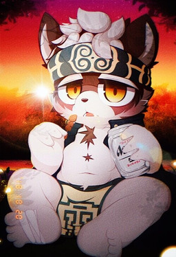 anthro clothed clothing food looking_at_viewer male sitting sky slightly_chubby solo sun topless young young_anthro young_male eisuke_art lifewonders tokyo_afterschool_summoners horkeu_kamui_(tas) canid canine canis mammal wolf 2018 digital_media_(artwork)
