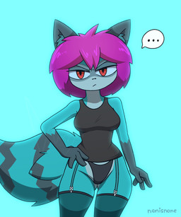 angry anthro black_clothing black_shirt black_topwear blue_body breasts brown_clothing clothed clothing female fluffy fluffy_tail fur hair lingerie looking_at_viewer pink_hair red_eyes shirt simple_background solo tail toony topwear unimpressed masornydraws cian_(demon3sigma) mammal procyonid raccoon 5:6 absurd_res digital_media_(artwork) hi_res