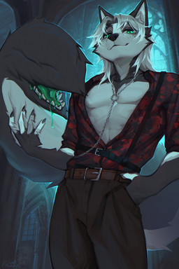 5_fingers anthro biped bottomwear claws clothed clothed_anthro clothed_male clothing finger_claws fingers front_view fully_clothed fully_clothed_anthro fully_clothed_male fur hair inside male smile solo standing tail tail_mouth topwear unusual_anatomy unusual_tail koda_walker canid canine canis mammal wolf 2026 2:3 absurd_res digital_drawing_(artwork) digital_media_(artwork) hi_res