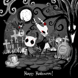 2_horns ambiguous_gender biped black_body black_clothing black_eyes bow_ribbon cloak clothing exclamation_point fence flower flying holiday_message holidays horn jack-o'-lantern lamp lantern markings moon night outside plant red_flower spade_tail standing tail text tombstone tree white_text wings arizuka00 halloween hollow_knight team_cherry grimmchild_(hollow_knight) hornet_(hollow_knight) the_knight_(hollow_knight) arthropod undead vessel_(species) 1:1 2021 english_text hi_res