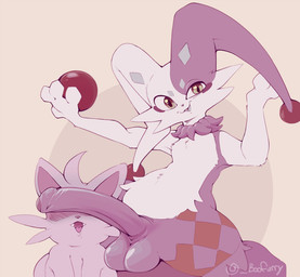 anthro ball balls big_penis blush duo erection genitals jester male penis penis_on_face size_difference these_aren't_my_glasses boofurry palworld pocketpair cattiva dupin_(pal) pal_(species) hi_res