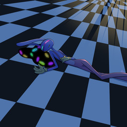 4_fingers anthro black_slime checkered checkered_floor fingers lying_on_ground male multi_eye narrowed_eyes on_ground sad_smile slime solo screaming_alice glitch_productions the_amazing_digital_circus jax_(tadc) abstraction_(tadc) lagomorph leporid mammal rabbit absurd_res hi_res