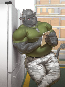 accessory anthro appliance belt black_belt bottomwear box camo camo_bottomwear camo_clothing camo_pants camo_print clipboard clothing container dog_tags forearm_muscles fridge fur green_clothing green_shirt green_topwear grey_body grey_fur grey_hair hair holding_clipboard holding_object holding_pen hornless jewelry kitchen_appliance male musclegut muscular muscular_anthro muscular_male necklace nipple_outline pants pattern_bottomwear pattern_clothing pattern_pants pen red_eyes shelf shirt solo storage_room topwear vein veiny_muscles writing_on_clipboard writing_text raccoon21 december_twilight emil_laine bovid bovine cattle mammal 2024 3:4 absurd_res hi_res