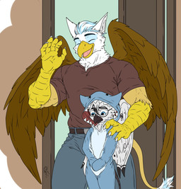 anthro beak black_hair blue_eyes blue_hair claws clothing door doorway duo eyewear fur gesture glasses hair jacket male shirt simple_background tongue topwear waving white_body white_fur wings young hunterramirez mythology avian felid gryphon lion mammal mythological_avian mythological_creature pantherine colored colored_sketch digital_drawing_(artwork) digital_media_(artwork) flat_colors hi_res sketch father_(lore) parent_(lore) son_(lore)