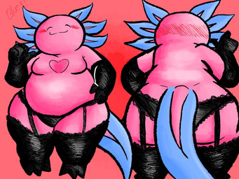 anthro belly big_belly big_butt black_clothing black_gloves black_handwear black_legwear black_lingerie black_panties black_stockings black_underwear blush blush_lines butt clothed clothing eyes_closed front_view full_body_view garter_straps gloves handwear heart_(marking) heart_symbol legwear lingerie male markings moobs multiple_poses panties pink_body pose rear_view red_background simple_background solo stockings tail thick_thighs topless topless_male underwear blue_x blue_x_(blue_x) amphibian axolotl axolotl_humanoid marine mole_salamander salamander 2024 hi_res signature