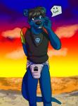 :3 anthro beach black_hair blue_body blue_fur blush clean_diaper clothed clothing diaper ear_piercing embarrassed fur hair kerchief male outside piercing rastafarian seaside smile solo standing sunset wearing_diaper wetness_indicator jimmyrumshot jimmyrumshot_(character) mammal mustelid otter