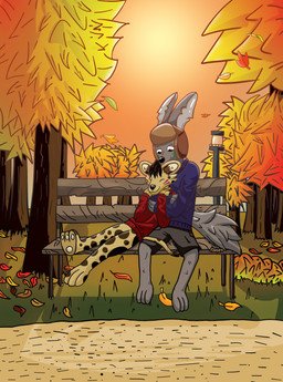 3_fingers anthro autumn bench black_hair clothed clothing cuddling detailed_background duo fingers forest fur grass grey_body grey_fur hair hat headgear headwear heart_symbol hoodie hug lamp leaf love lying male male/male on_bench outside park path plant relationship shrub smile sun topwear trapper_hat tree ushanka yellow_body yellow_fur bluu001 jazzthecheetah stefanthefox canid canine cheetah felid feline fox mammal 2018 absurd_res digital_media_(artwork) hi_res