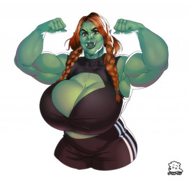 biceps big_breasts braided_hair breasts brown_eyes cleavage clothed clothing female flexing green_body green_skin hair huge_breasts lips looking_at_viewer midriff muscular muscular_arms muscular_female muscular_humanoid not_furry red_hair simple_background smile solo thick_lips tusks white_background boosterpang penny_underbust humanoid orc hi_res