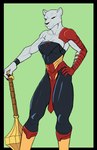 anthro armwear black_clothing black_sclera breasts clothed clothing collarbone female fur hand_on_hip holding_mace holding_object holding_weapon mace melee_weapon muscular muscular_anthro muscular_female pose red_clothing solo weapon white_body white_fur f_draws image_comics invincible_(image_comics) thokk's_daughter felid lion mammal pantherine hi_res