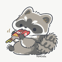 ambiguous_gender bite black_eyes black_nose chibi dot_eyes feral food grey_body simple_background simple_eyes sitting solo white_body yencatx pocky mammal procyonid raccoon 1:1 2021
