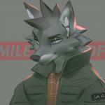 anthro blue_eyes clothing fur grey_body grey_fur jacket male solo text topwear miles_df airpods canid canine canis mammal wolf 1:1 english_text half-length_portrait portrait