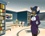 anthro blue_hair book bottomwear breasts brown_body brown_fur chromatophore clothed clothing dewey_teagarden eyewear female fur glasses green_eyes hair inside library mammal mouse murid murine nipple_outline rodent skirt solo story story_in_description