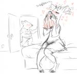 anthro bed blush clothing door duo ear_twitch female furniture heart_symbol hooves horn inside male odor shaking short_horn small_horn smell sniffing sniffing_clothes text underwear underwear_sniffing nobby_(artist) disney pack_street zootopia al_(weaver) fan_character velvet_roe_(weaver) canid canine canis deer mammal wolf english_text