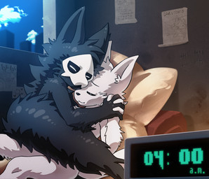 anthro black_body black_fur clock cuddling detailed_background digital_clock duo electronics eyes_closed fur hand_holding hug inside male male/male mask nude sleeping white_body white_fur leo_volcano changed_(video_game) lin_(changed) puro_(changed) canid canine canis goo_creature mammal wolf 2018