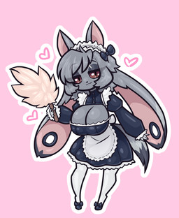 anthro bow_ribbon breasts cleaning_tool cleavage clothed clothing ear_piercing feather_duster female floppy_ears fur gauged_ear grey_body grey_fur grey_hair hair heart_symbol long_tail looking_at_viewer lop_ears maid_uniform piercing pink_background red_sclera scar simple_background solo tail uniform limebreaker jund_(smugjund) canid canine canis hybrid lagomorph leporid mammal rabbit wolf hi_res