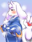 3:4 ankk anthro blush bodily_fluids boss_monster_(undertale) bovid breast_grab breasts caprine clothed clothing disembodied_hand drooling duo female hand_on_breast heart_eyes heart_symbol hi_res lactating lactating_through_clothing mammal mature_anthro mature_female saliva toriel undertale undertale_(series) wet wet_clothing