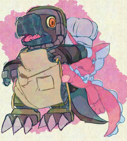 anthro apron armor blue_body chef_hat claws clothing duo female frill_(anatomy) hat headgear headwear helmet male pink_body yogurtpubes bandai_namco digimon digimon_beatbreak commandramon digimon_(species) elizamon scalie absurd_res hi_res