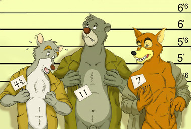 abs anthro bodily_fluids bottomless chart clothed clothing comparing embarrassed flying_sweatdrops fraction front_view genitals group height_chart holding_object imperial_unit inmates_clothing lineup male measurements motion_lines motion_outline mugshot nude number open_clothing open_shirt open_topwear overweight pecs penis penis_awe penis_envy prison prison_uniform rating_card shirt standing sweat sweatdrop topwear trio unit dreamwindow disney talespin the_jungle_book ace_london baloo don_karnage bear canid canine canis mammal red_wolf sloth_bear ursine wolf