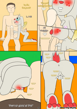 anthro balls blush dialogue duo fellatio female fingering genitals handjob male male/female oral pawpads paws penile penis sex vaginal vaginal_fingering vulva wings otakon_(artist) angel_hare the_east_patch angel_gabby jonah_whitman angel human lagomorph leporid mammal rabbit comic hi_res