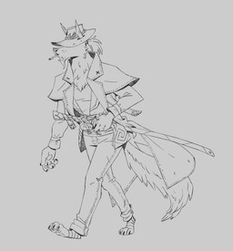 3_toes anthro bottomwear chest_tuft cigarette cigarette_in_mouth clothing coat feet fluffy footwear hair hat_over_eyes holding_object holding_weapon katana long_tail male melee_weapon object_in_mouth pants pawpads pointy_ears ponytail shirt short_hair snout solo sword tail toeless_footwear toes topwear tuft weapon ruffu asukaru_(ruffu) unnamed_character canid canine canis mammal wolf digital_drawing_(artwork) digital_media_(artwork) full-length_portrait monochrome portrait sketch