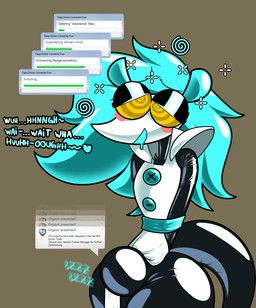 anthro black_body blue_hair blush bodily_fluids bound brainwashing chastity_bulge chastity_device clothing cosplay costume dialogue drone dronification drooling eyeliner eyewear glasses glistening glistening_body glistening_ears glistening_hair hair half-closed_eyes hypnosis makeup male mind_control narrowed_eyes null_bulge pointy_nose reflective_body ringed_eyes saliva simple_background solo spiral tail text vibrating wearing_chastity_device wearing_glasses wide_hips yellow_eyes sillyseacreatur spur deltarune microsoft microsoft_windows undertale_(series) windows_xp fan_character tasque_manager american_opossum humanoid mammal marsupial english_text hi_res
