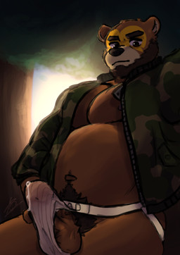 anthro balls bodily_fluids clothing erection genitals humanoid_genitalia humanoid_penis jacket jockstrap male musclegut muscular nipples overweight penis solo topwear underwear ryothehuskyy animal_crossing nintendo ike_(animal_crossing) bear brown_bear grizzly_bear mammal ursine 2024 digital_media_(artwork) hi_res
