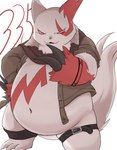 anthro belly big_belly biped clothed clothing kemono navel overweight pink_nose red_body simple_background solo white_background white_body shirokumaou nintendo pokemon generation_3_pokemon pokemon_(species) zangoose 2024 hi_res