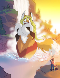 anthro backpack big_breasts blonde_hair breast_squish breasts camera clothing covering covering_breasts covering_self duo embarrassed faceless_character faceless_male female fur hair huge_breasts larger_female macro male nude open_mouth outside plant size_difference smaller_male solo_focus squish thick_thighs tree voyeur water waterfall wide_hips yellow_eyes dracojeff kitila canid canine fox mammal