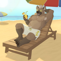 anthro armpit_hair beach belly body_hair bulge chest_tuft clothed clothing cocktail_glass container cup drinking_glass eyewear feet fur glass glass_container glass_cup glasses hand_behind_head happy holding_cocktail holding_object light light_beam looking_at_viewer lounger lounging lying male markings musclegut muscular nipples on_back pawpads pubes relaxing sand solo spots spotted_body spotted_fur summer sun sunbeam sunglasses sunlight swimming_trunks swimwear tuft umbrella wearing_glasses grumpyeen the_shattering richard_graves hyena mammal spotted_hyena 1:1 hi_res