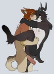 anthro anthro_on_anthro antlers big_penis black_body black_fur blush blush_lines brown_body brown_fur carrying_another carrying_partner countershading duo emanata fur genitals hair horn humanoid_genitalia humanoid_penis inner_ear_fluff male male/male nipples penis simple_background standing surprised_expression tail tuft catzino jackalope lagomorph mammal 2025 hi_res