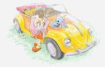 ambiguous_gender anthro clothing convertible duo female flower footwear gloves grass handwear long_ears motor_vehicle open_mouth open_smile plant smile vehicle 1vethebus sega sonic_the_hedgehog_(series) volkswagen_beetle cheese_the_chao cream_the_rabbit chao_(sonic) lagomorph mammal hi_res