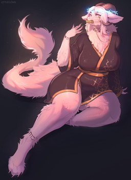 anthro asian_clothing big_breasts bit_gag breasts claws clothed clothing curved_horn curvy_figure east_asian_clothing female fluffy fur fur_markings gag gagged glowing halo horn huge_thighs japanese_clothing kimono kimono_only looking_at_viewer markings multicolored_eyes neck_tuft non-mammal_breasts object_in_mouth paws pink_body pink_fur sitting solo tail tail_tuft thick_thighs tuft voluptuous wide_hips littleclown mythology ana_(anunusedaccount) dragon furred_dragon furred_scalie mythological_creature mythological_scalie scalie absurd_res hi_res huge_filesize